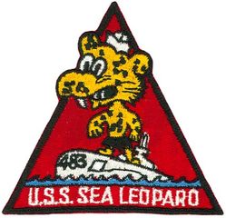 SS-483 USS Sea Leopard
Namesake. The Sea Leopard, also referred to as the sea leopard (Hydrurga leptonyx)
Builder. Portsmouth Naval Shipyard, Kittery, ME
Laid down. 7 Nov 1944
Launched. 2 Mar 1945
Commissioned. 11 Jun 1945
Decommissioned. 27 Mar 1973
Stricken. 27 Mar 1973
Fate. Transferred to Brazil, 27 Mar 1973
Class and type. Tench-class diesel-electric submarine
Displacement:	
1,570 tons (1,595 t) surfaced 
2,414 tons (2,453 t) submerged 
Length. 311 ft 8 in (95.00 m) 
Beam. 27 ft 4 in (8.33 m) 
Draft. 17 ft (5.2 m) maximum 
Propulsion:	
4 × Fairbanks-Morse Model 38D8-⅛ 10-cylinder opposed piston diesel engines driving electrical generators
2 × 126-cell Sargo batteries
2 × low-speed direct-drive Elliott electric motors
two propellers 
5,400 shp (4.0 MW) surfaced
2,740 shp (2.0 MW) submerged
Speed. 20.25 knots (38 km/h) surfaced; 8.75 knots (16 km/h) submerged 
Range. 11,000 nautical miles (20,000 km) surfaced at 10 knots (19 km/h) 
Endurance. 48 hours at 2 knots (3.7 km/h) submerged; 75 days on patrol
Test depth. 400 ft (120 m) 
Complement. 10 officers, 71 enlisted 
Armament:	
10 × 21-inch (533 mm) torpedo tubes, 6 forward, 4 aft)
28 torpedoes
1 × 5-inch (127 mm) / 25 caliber deck gun
Bofors 40 mm and Oerlikon 20 mm cannon

