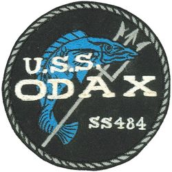 SS-484 USS Odax
Namesake. The odax, a brilliantly colored parrot fish belonging to the family Scaridae
Builder. Portsmouth Naval Shipyard, Kittery, ME
Laid down. 4 Dec 1944
Launched. 10 Apr 1945
Commissioned. 11 Jul 1945
Decommissioned. 8 Jul 1972
Stricken. 8 Jul 1972
Fate. Transferred to Brazil, 8 Jul 1972 
Class and type. Tench-class diesel-electric submarine
Displacement:	
1,570 tons (1,595 t) surfaced 
2,414 tons (2,453 t) submerged 
Length. 311 ft 8 in (95.00 m) 
Beam. 27 ft 4 in (8.33 m) 
Draft. 17 ft (5.2 m) maximum 
Propulsion:	
4 × Fairbanks-Morse Model 38D8-⅛ 10-cylinder opposed piston diesel engines driving electrical generators
2 × 126-cell Sargo batteries
2 × low-speed direct-drive Elliott electric motors
two propellers 
5,400 shp (4.0 MW) surfaced
2,740 shp (2.0 MW) submerged
Speed. 20.25 knots (38 km/h) surfaced; 8.75 knots (16 km/h) submerged 
Range. 11,000 nautical miles (20,000 km) surfaced at 10 knots (19 km/h) 
Endurance. 48 hours at 2 knots (3.7 km/h) submerged; 75 days on patrol
Test depth. 400 ft (120 m) 
Complement. 10 officers, 71 enlisted 
Armament:	
10 × 21-inch (533 mm) torpedo tubes, 6 forward, 4 aft)
28 torpedoes
1 × 5-inch (127 mm) / 25 caliber deck gun
Bofors 40 mm and Oerlikon 20 mm cannon

