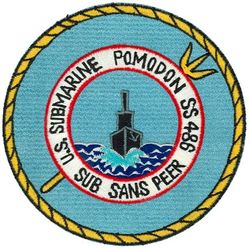 SS-486 USS Pomodon
Namesake. The Pomodon (an obsolete synonym for Hemilutjanus) genera of snapper
Builder. Portsmouth Naval Shipyard, Kittery, ME
Laid down. 29 Jan 1945
Launched. 12 Jun 1945
Commissioned. 11 Sep 1945
Decommissioned. 1 Apr 1955
Recommissioned. 2 Jul 1955
Decommissioned. 1 Aug 1970
Stricken	. 1 Aug 1970
Fate. Sold for scrap, 26 Jan 1972
Class and type. Tench-class diesel-electric submarine
Displacement:	
1,570 tons (1,595 t) surfaced 
2,414 tons (2,453 t) submerged 
Length. 311 ft 8 in (95.00 m) 
Beam. 27 ft 4 in (8.33 m) 
Draft. 17 ft (5.2 m) maximum 
Propulsion:	
4 × Fairbanks-Morse Model 38D8-⅛ 10-cylinder opposed piston diesel engines driving electrical generators
2 × 126-cell Sargo batteries
2 × low-speed direct-drive Elliott electric motors
two propellers 
5,400 shp (4.0 MW) surfaced
2,740 shp (2.0 MW) submerged
Speed. 20.25 knots (38 km/h) surfaced; 8.75 knots (16 km/h) submerged 
Range. 11,000 nautical miles (20,000 km) surfaced at 10 knots (19 km/h) 
Endurance. 48 hours at 2 knots (3.7 km/h) submerged; 75 days on patrol
Test depth. 400 ft (120 m) 
Complement. 10 officers, 71 enlisted 
Armament:	
10 × 21-inch (533 mm) torpedo tubes, 6 forward, 4 aft)
28 torpedoes
1 × 5-inch (127 mm) / 25 caliber deck gun
Bofors 40 mm and Oerlikon 20 mm cannon

