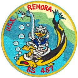 SS-487 USS Remora
Namesake. The 	Remora, or suckerfish, any of a family (Echeneidae) of ray-finned fish in the order Carangiformes
Builder. Portsmouth Naval Shipyard, Kittery, ME
Laid down. 5 Mar 1945
Launched. 12 Jul 1945
Commissioned. 3 Jan 1946
Decommissioned. 29 Oct 1973
Stricken	. 9 Oct 1973
Fate. Transferred to Greece, 29 Oct 1973
Class and type. Tench-class diesel-electric submarine
Displacement:	
1,570 tons (1,595 t) surfaced 
2,414 tons (2,453 t) submerged 
Length. 311 ft 8 in (95.00 m) 
Beam. 27 ft 4 in (8.33 m) 
Draft. 17 ft (5.2 m) maximum 
Propulsion:	
4 × Fairbanks-Morse Model 38D8-⅛ 10-cylinder opposed piston diesel engines driving electrical generators
2 × 126-cell Sargo batteries
2 × low-speed direct-drive Elliott electric motors
two propellers 
5,400 shp (4.0 MW) surfaced
2,740 shp (2.0 MW) submerged
Speed. 20.25 knots (38 km/h) surfaced; 8.75 knots (16 km/h) submerged 
Range. 11,000 nautical miles (20,000 km) surfaced at 10 knots (19 km/h) 
Endurance. 48 hours at 2 knots (3.7 km/h) submerged; 75 days on patrol
Test depth. 400 ft (120 m) 
Complement. 10 officers, 71 enlisted 
Armament:	
10 × 21-inch (533 mm) torpedo tubes, 6 forward, 4 aft)
28 torpedoes
1 × 5-inch (127 mm) / 25 caliber deck gun
Bofors 40 mm and Oerlikon 20 mm cannon

