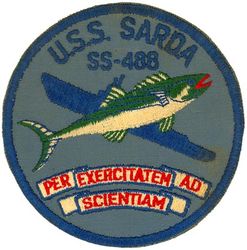 SS-488 USS Sarda
Namesake. The 	Sarda, a genus of game fish
Builder	Portsmouth Naval Shipyard, Kittery, ME
Laid down. 12 Apr 1945
Launched. 24 Aug 1945
Commissioned. 19 Apr 1946
Decommissioned. 1 Jun 1964
Stricken. 1 Jun 1964
Fate. Sold for scrap 14 May 1965
Class and type. Tench-class diesel-electric submarine
Displacement:	
1,570 tons (1,595 t) surfaced 
2,414 tons (2,453 t) submerged 
Length. 311 ft 8 in (95.00 m) 
Beam. 27 ft 4 in (8.33 m) 
Draft. 17 ft (5.2 m) maximum 
Propulsion:	
4 × Fairbanks-Morse Model 38D8-⅛ 10-cylinder opposed piston diesel engines driving electrical generators
2 × 126-cell Sargo batteries
2 × low-speed direct-drive Elliott electric motors
two propellers 
5,400 shp (4.0 MW) surfaced
2,740 shp (2.0 MW) submerged
Speed. 20.25 knots (38 km/h) surfaced; 8.75 knots (16 km/h) submerged 
Range. 11,000 nautical miles (20,000 km) surfaced at 10 knots (19 km/h) 
Endurance. 48 hours at 2 knots (3.7 km/h) submerged; 75 days on patrol
Test depth. 400 ft (120 m) 
Complement. 10 officers, 71 enlisted 
Armament:	
10 × 21-inch (533 mm) torpedo tubes, 6 forward, 4 aft)
28 torpedoes
1 × 5-inch (127 mm) / 25 caliber deck gun
Bofors 40 mm and Oerlikon 20 mm cannon

