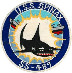SS-489 USS Spinax
Namesake. The spinax, one of the spiny sharks (dogfish sharks) scientifically known as Squalidal
Builder. Portsmouth Naval Shipyard, Kittery, ME
Laid down. 14 May 1945
Launched. 20 Nov 1945
Commissioned. 20 Sep 1946
Decommissioned. 11 Oct 1969
Stricken	. 11 Oct 1969
Fate. Sold for scrap, 13 Jun 1972
Class and type. Tench-class diesel-electric submarine
Displacement:	
1,570 tons (1,595 t) surfaced 
2,414 tons (2,453 t) submerged 
Length. 311 ft 8 in (95.00 m) 
Beam. 27 ft 4 in (8.33 m) 
Draft. 17 ft (5.2 m) maximum 
Propulsion:	
4 × Fairbanks-Morse Model 38D8-⅛ 10-cylinder opposed piston diesel engines driving electrical generators
2 × 126-cell Sargo batteries
2 × low-speed direct-drive Elliott electric motors
two propellers 
5,400 shp (4.0 MW) surfaced
2,740 shp (2.0 MW) submerged
Speed. 20.25 knots (38 km/h) surfaced; 8.75 knots (16 km/h) submerged 
Range. 11,000 nautical miles (20,000 km) surfaced at 10 knots (19 km/h) 
Endurance. 48 hours at 2 knots (3.7 km/h) submerged; 75 days on patrol
Test depth. 400 ft (120 m) 
Complement. 10 officers, 71 enlisted 
Armament:	
10 × 21-inch (533 mm) torpedo tubes, 6 forward, 4 aft)
28 torpedoes
1 × 5-inch (127 mm) / 25 caliber deck gun
Bofors 40 mm and Oerlikon 20 mm cannon

