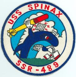 SSR-489 USS Spinax
Namesake. The spinax, one of the spiny sharks (dogfish sharks) scientifically known as Squalidal
Builder. Portsmouth Naval Shipyard, Kittery, ME
Laid down. 14 May 1945
Launched. 20 Nov 1945
Commissioned. 20 Sep 1946
Decommissioned. 11 Oct 1969
Stricken	. 11 Oct 1969
Fate. Sold for scrap, 13 Jun 1972
Class and type. Tench-class diesel-electric submarine
Displacement:	
1,570 tons (1,595 t) surfaced 
2,414 tons (2,453 t) submerged 
Length. 311 ft 8 in (95.00 m) 
Beam. 27 ft 4 in (8.33 m) 
Draft. 17 ft (5.2 m) maximum 
Propulsion:	
4 × Fairbanks-Morse Model 38D8-⅛ 10-cylinder opposed piston diesel engines driving electrical generators
2 × 126-cell Sargo batteries
2 × low-speed direct-drive Elliott electric motors
two propellers 
5,400 shp (4.0 MW) surfaced
2,740 shp (2.0 MW) submerged
Speed. 20.25 knots (38 km/h) surfaced; 8.75 knots (16 km/h) submerged 
Range. 11,000 nautical miles (20,000 km) surfaced at 10 knots (19 km/h) 
Endurance. 48 hours at 2 knots (3.7 km/h) submerged; 75 days on patrol
Test depth. 400 ft (120 m) 
Complement. 10 officers, 71 enlisted 
Armament:	
10 × 21-inch (533 mm) torpedo tubes, 6 forward, 4 aft)
28 torpedoes
1 × 5-inch (127 mm) / 25 caliber deck gun
Bofors 40 mm and Oerlikon 20 mm cannon

