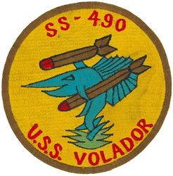 SS-490 USS Volador 
Namesake. The Volador, or California flying fish (Cheilopogon pinnatibarbatus californicus)
Builder. Portsmouth Naval Shipyard, Kittery, ME
Laid down. 15 Jun 1945
Launched. 21 May 1948
Commissioned. 1 Oct 1948
Decommissioned. 18 Aug 1972
Stricken	. 5 Dec 1977
Fate. Transferred to Italy, 18 Aug 1972; sold to Italy 5 Dec 1977

General characteristics (Completed as GUPPY II)
Class and type. Tench-class diesel-electric submarine
Displacement:	
1,870 tons (1,900 t) surfaced
2,440 tons (2,480 t) submerged
Length. 307 ft (94 m)
Beam. 27 ft 4 in (8.33 m)
Draft. 17 ft (5.2 m)
Propulsion:	
4 × Fairbanks-Morse Model 38D8-⅛ 10-cylinder opposed piston diesel engines, equipped with a snorkel, driving electrical generators
1 × 184 cell, 1 × 68 cell, and 2 × 126 cell GUPPY-type batteries (total 504 cells)
2 × low-speed direct-drive Elliott electric motors
two propellers
Speed. 18.0 knots (33.3 km/h) maximum, 13.5 knots (25.0 km/h) cruising (Surfaced): 16.0 knots (29.6 km/h) for ½ hour, 9.0 knots (16.7 km/h) snorkeling, 3.5 knots (6.5 km/h) cruising (Submerged)
Range. 15,000 nm (28,000 km) surfaced at 11 knots (20 km/h)
Endurance. 48 hours at 4 knots (7 km/h) submerged
Test depth. 400 ft (120 m)
Complement. 9–10 officers, 5 Chief Petty Officers, 70 enlisted men
Sensors and processing systems:	
WFA active sonar
JT passive sonar
Mk 106 torpedo fire control system
Armament:	
10 × 21-inch (533 mm) torpedo tubes  (six forward, four aft)

General characteristics (Guppy III)
Displacement:	
1,975 tons (2,007 t) surfaced
2,450 tons (2,489 t) submerged
Length. 	321 ft (97.8 m)
Beam. 27 ft 4 in (7.4 m)
Draft. 17 ft (5.2 m)
Speed. 17.2 knots (31.9 km/h) maximum, 12.2 knots (22.6 km/h) cruising (Surfaced); 14.5 knots (26.9 km/h) for ½ hour, 6.2 knots (11.5 km/h) snorkeling, 3.7 knots (6.9 km/h) cruising (Submerged)
Range. 15,900 nm (29,400 km) surfaced at 8.5 knots (16 km/h)
Endurance. 36 hours at 3 knots (6 km/h) submerged
Complement. 8–10 officers, 5 petty officers, 70–80 enlisted men
Sensors and processing systems:
BQS-4 active search sonar
BQR-2B passive search sonar
BQG-4 passive attack sonar

