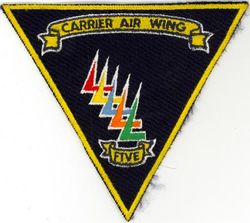 Carrier Air Wing 5 (CVW-5)
Established as Carrier Air Group FIVE (CVG-5) on 15 Feb 1943. Redesignated Attack Carrier Air Group FIVE (CVAG-5) on 15 Nov 1946; Carrier Air Group FIVE (CVG-5) on 1 Sep 1948; Carrier Air Wing FIVE (CVW-5) on 20 Dec 1963-.
