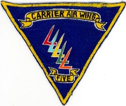 Carrier Air Wing 5 (CVW-5)
Established as Carrier Air Group FIVE (CVG-5) on 15 Feb 1943. Redesignated Attack Carrier Air Group FIVE (CVAG-5) on 15 Nov 1946; Carrier Air Group FIVE (CVG-5) on 1 Sep 1948; Carrier Air Wing FIVE (CVW-5) on 20 Dec 1963-.

