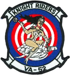 Attack Squadron 52 (VA-52) Morale
Established as Fighter Squadron EIGHT HUNDRED EIGHTY FOUR (VF-884), a reserve squadron, on 1 Nov 1949. Called to active duty on 20 Jul 1950. Redesignated Fighter Squadron ONE HUNDRED FORTY FOUR (VF-144) on 4 Feb 1953; Attack Squadron FIFTY TWO (VA-52) (1st) "Knight Riders" on 23 Feb 1959. Disestablished on 17 Mar 1995.

Douglas AD-7 Skyraider
Grumman A-6A/B/E/ KA-6D Intruder, 1967-1995

Insignia approved on 5 Jan 1960.


