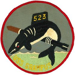 SS-523 USS Grampus
Namesake. The Grampus, a member of the dolphin family (Delphinidae)
Builder: Boston Navy Yard
Laid down: 8 Feb 1944
Launched: 15 Dec 1944
Commissioned: 26 Oct 1949
Decommissioned: 13 May 1972
Struck: 13 May 1972
Fate: Transferred to Brazil, 13 May 1972-16 Nov 1978.
Class and type. Tench-class diesel-electric submarine
Displacement:	
1,870 tons (1,900 t) surfaced
2,440 tons (2,480 t) submerged
Length. 307 ft (94 m)
Beam. 27 ft 4 in (8.33 m)
Draft. 17 ft (5.2 m)
Propulsion:	
4 × Fairbanks-Morse Model 38D8-⅛ 10-cylinder opposed piston diesel engines, equipped with a snorkel, driving electrical generators
1 × 184 cell, 1 × 68 cell, and 2 × 126 cell GUPPY-type batteries (total 504 cells)
2 × low-speed direct-drive Westinghouse electric motors
two propellers
Speed. 
18.0 knots (33.3 km/h) maximum, 13.5 knots (25.0 km/h) cruising (Surfaced); 16.0 knots (29.6 km/h) for ½ hour, 9.0 knots (16.7 km/h) snorkeling, 3.5 knots (6.5 km/h) cruising (Submerged)
Range. 15,000 nm (28,000 km) surfaced at 11 knots (20 km/h)
Endurance. 48 hours at 4 knots (7 km/h) submerged
Test depth. 400 ft (120 m)
Complement. 9–10 officers, 5 petty officers, 70 enlisted men
Sensors and processing systems:
WFA active sonar
JT passive sonar
Mk 106 torpedo fire control system
Armament:	
10 × 21 inch (533 mm) torpedo tubes
 (six forward, four aft)


