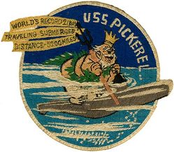 SS-524 USS Pickerel
Namesake. The Pickerel any of several North American pikes, family Esocidae
Builder. Portsmouth Naval Shipyard, Kittery, ME
Laid down. 8 Feb 1944
Launched. 15 Dec 1944
Commissioned. 4 Apr 1949
Decommissioned. 18 Aug 1972
Stricken. 5 Dec 1977
Fate. Transferred to Italy, 18 Aug 1972
Class and type. Tench-class diesel-electric submarine
Displacement:	
1,870 tons (1,900 t) surfaced
2,440 tons (2,480 t) submerged
Length. 322.2 ft (98.2 m)
Beam. 27 ft 4 in (8.33 m)
Draft. 17 ft (5.2 m)
Propulsion:	
4 × Fairbanks-Morse Model 38D8-⅛ 10-cylinder opposed piston diesel engines, equipped with a snorkel, driving electrical generators
1 × 184 cell, 1 × 68 cell, and 2 × 126 cell GUPPY-type batteries (total 504 cells)
2 × low-speed direct-drive Westinghouse electric motors
two propellers
Speed. 
18.0 knots (33.3 km/h) maximum, 13.5 knots (25.0 km/h) cruising (Surfaced); 16.0 knots (29.6 km/h) for ½ hour, 9.0 knots (16.7 km/h) snorkeling, 3.5 knots (6.5 km/h) cruising (Submerged)
Range. 15,000 nm (28,000 km) surfaced at 11 knots (20 km/h)
Endurance. 48 hours at 4 knots (7 km/h) submerged
Test depth. 400 ft (120 m)
Complement. 9–10 officers, 5 petty officers, 70 enlisted men
Sensors and processing systems:
WFA active sonar
JT passive sonar
Mk 106 torpedo fire control system
Armament:	
10 × 21 inch (533 mm) torpedo tubes
 (six forward, four aft)


