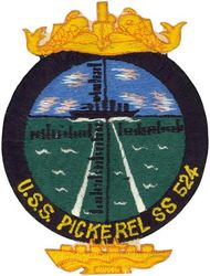 SS-524 USS Pickerel
Namesake. The Pickerel any of several North American pikes, family Esocidae
Builder. Portsmouth Naval Shipyard, Kittery, ME
Laid down. 8 Feb 1944
Launched. 15 Dec 1944
Commissioned. 4 Apr 1949
Decommissioned. 18 Aug 1972
Stricken. 5 Dec 1977
Fate. Transferred to Italy, 18 Aug 1972
Class and type. Tench-class diesel-electric submarine
Displacement:	
1,870 tons (1,900 t) surfaced
2,440 tons (2,480 t) submerged
Length. 322.2 ft (98.2 m)
Beam. 27 ft 4 in (8.33 m)
Draft. 17 ft (5.2 m)
Propulsion:	
4 × Fairbanks-Morse Model 38D8-⅛ 10-cylinder opposed piston diesel engines, equipped with a snorkel, driving electrical generators
1 × 184 cell, 1 × 68 cell, and 2 × 126 cell GUPPY-type batteries (total 504 cells)
2 × low-speed direct-drive Westinghouse electric motors
two propellers
Speed. 
18.0 knots (33.3 km/h) maximum, 13.5 knots (25.0 km/h) cruising (Surfaced); 16.0 knots (29.6 km/h) for ½ hour, 9.0 knots (16.7 km/h) snorkeling, 3.5 knots (6.5 km/h) cruising (Submerged)
Range. 15,000 nm (28,000 km) surfaced at 11 knots (20 km/h)
Endurance. 48 hours at 4 knots (7 km/h) submerged
Test depth. 400 ft (120 m)
Complement. 9–10 officers, 5 petty officers, 70 enlisted men
Sensors and processing systems:
WFA active sonar
JT passive sonar
Mk 106 torpedo fire control system
Armament:	
10 × 21 inch (533 mm) torpedo tubes
 (six forward, four aft)

