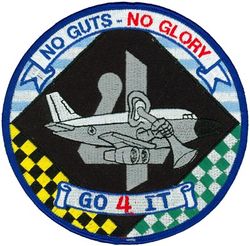 55th Wing RC-135 No Guts No Glory
The significance of the "4" is said to derive from an article in a major East Coast daily that listed aircraft participating in one of the US's major military engagements in the early 1990s and the RC-135s were listed fourth in the article.  The designs in the background are reportedly from the scarves of the 38th, 343d, and 6949th, but this could not be confirmed (another source says 38th, 922d, and 6916th).  All agree the blue and white stripes are from the Greek flag, alluding to Iraklion AB.  -GWO
