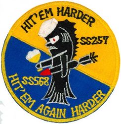 SS-568 USS Harder
Namesake. The harder, a fish of the mullet family found off South Africa
Builder. General Dynamics Electric Boat, Groton, CT
Laid down. 30 Jun 1950
Launched. 3 Dec 1951
Commissioned. 19 Aug 1952
Decommissioned. 31 Jan 1974
Stricken. 20 Feb 1974
Fate. Sold to Italy, 1974
Class and type. Tang-class submarine Attack submarine
Displacement:	
2,050 long tons (2,083 t) surfaced
2,700 long tons (2,743 t) submerged
Length. 277 ft 2 in (84.48 m)
Beam. 27 ft 3 in (8.31 m)
Draft. 17 ft (5.2 m)
Speed. 15.5 knots (17.8 mph; 28.7 km/h) surfaced; 18.3 knots (21.1 mph; 33.9 km/h) submerged
Test depth. 213 m (699 ft)
Complement. 8 officers and 75 men
Armament. 8 × 21 inch (533 mm) torpedo tubes (6 forward, 2 aft)

