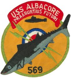 AGSS-569 USS Albacore 
Namesake.  The Albacore, a species of tuna of the order Scombriformes
Ordered. 24 Nov 1950
Builder	Portsmouth Naval Shipyard of Kittery, Maine
Builder	Portsmouth Naval Shipyard of Kittery, Maine
Laid down. 15 Mar 1952
Launched. 1 Aug 1953
Commissioned. 6 Dec 1953
Decommissioned. 9 Dec 1972
Stricken. 1 May 1980
Motto. Praenuntius Futuri ("Forerunner of the Future")
Status. Donated as a museum and memorial in Portsmouth, NH
General characteristics: Final Phase 4 Configuration:
Class and type. research submarine
Displacement. 1606.62 tons surface 1823.51 tons submerged
Length. 205 ft 4.75 in (62.6047 m) Length between perpendiculars 200 ft 0 in (60.96 m)
Beam. 27 ft 3.75 in (8.3249 m)
Draft. Forward 19 ft 1 in (5.82 m) Aft 22 ft 3 in (6.78 m)
Propulsion. Two 7,500 shp, counter-rotating electric motors, Two 1,000 bhp/817 kW diesel/electric generators
Speed: 25 knots (Surfaced); 33 knots (Submerged)
Range. Varied with configuration
Complement. 5 officers, 49 men
Armament. None

