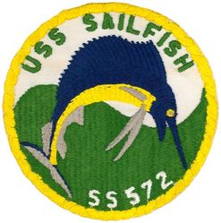 SS-572 USS Sailfish
Namesake. Sailfish, marine fish in the genus Istiophorus, which belong to Istiophoridae (marlins)
Ordered. 10 Mar 1951
Builder. Portsmouth Naval Shipyard, Kittery, ME
Laid down. 8 Dec 1953
Launched. 8 Sep 1955
Commissioned. 14 Apr 1956, as SSR-572
Decommissioned. 29 Sep 1978
Reclassified. SS-572 (Attack submarine), 3 Feb 1961
Stricken	. 30 Sep 1978
Fate. Sunk as target, May 2007
Class and type. Sailfish-class submarine
Displacement:	
2,030 long tons (2,063 t) light
2,334 long tons (2,371 t) surfaced
3,168 long tons (3,219 t) submerged
Length. 350 ft (110 m)
Beam. 29 ft 1 in (8.86 m)
Draft. 16 ft 4 in (5 m)
Propulsion. Diesel-electric, 2 screws
Speed. 20.5 knots (38.0 km/h; 23.6 mph) surfaced; 15 knots (28 km/h; 17 mph) submerged
Complement. 95 officers and men
Armament. 6 × 21 inch (533 mm) torpedo tubes

