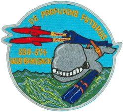 SSG-574 USS Grayback
Namesake. The gray whale, (Eschrichtius robustus), the sole living species in the genus Eschrichtius
Ordered. 10 Mar 1951
Builder. Mare Island Naval Shipyard, CA
Laid down. 1 Jul 1954
Launched. 2 Jul 1957
Commissioned. 7 Mar 1958, as SSG-574
Decommissioned. 25 May 1964
Recommissioned. 9 May 1969, as LPSS-574
Decommissioned. 15 Jan 1984
Stricken	. 16 Jan 1984
Homeport. Pearl Harbor, HI
Motto. De Profundis Futurus
Fate. Sunk as a target near Subic Bay, 13 Apr 1986
Class and type. Grayback-class submarine
Displacement:	
1,740 long tons (1,768 t) light
2,768 long tons (2,812 t) full
Length. 273 ft (83 m) later extended to 317 ft 7 in (96.80 m)
Beam. 27 ft 2 in (8.28 m)
Draft. 19 ft (5.8 m)
Propulsion. 3 Fairbanks-Morse Diesel engines, 2 Elliott electric motors
Speed. 15 knots (28 km/h; 17 mph) surfaced; 12 knots (22 km/h; 14 mph) submerged
Complement. 84 officers and men
Armament:	
2 × Regulus missile hangars (4 x Regulus I missiles or 2 x Regulus II missiles)
8 × 21 inch (533 mm) torpedo tubes (6 bow, 2 stern)

