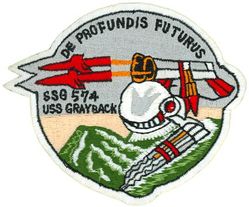 SSG-574 USS Grayback
Namesake. The gray whale, (Eschrichtius robustus), the sole living species in the genus Eschrichtius
Ordered. 10 Mar 1951
Builder. Mare Island Naval Shipyard, CA
Laid down. 1 Jul 1954
Launched. 2 Jul 1957
Commissioned. 7 Mar 1958, as SSG-574
Decommissioned. 25 May 1964
Recommissioned. 9 May 1969, as LPSS-574
Decommissioned. 15 Jan 1984
Stricken	. 16 Jan 1984
Homeport. Pearl Harbor, HI
Motto. De Profundis Futurus
Fate. Sunk as a target near Subic Bay, 13 Apr 1986
Class and type. Grayback-class submarine
Displacement:	
1,740 long tons (1,768 t) light
2,768 long tons (2,812 t) full
Length. 273 ft (83 m) later extended to 317 ft 7 in (96.80 m)
Beam. 27 ft 2 in (8.28 m)
Draft. 19 ft (5.8 m)
Propulsion. 3 Fairbanks-Morse Diesel engines, 2 Elliott electric motors
Speed. 15 knots (28 km/h; 17 mph) surfaced; 12 knots (22 km/h; 14 mph) submerged
Complement. 84 officers and men
Armament:	
2 × Regulus missile hangars (4 x Regulus I missiles or 2 x Regulus II missiles)
8 × 21 inch (533 mm) torpedo tubes (6 bow, 2 stern)

