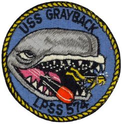 LPSS-574 USS Grayback
Namesake. The gray whale, (Eschrichtius robustus), the sole living species in the genus Eschrichtius
Ordered. 10 Mar 1951
Builder. Mare Island Naval Shipyard, CA
Laid down. 1 Jul 1954
Launched. 2 Jul 1957
Commissioned. 7 Mar 1958, as SSG-574
Decommissioned. 25 May 1964
Recommissioned. 9 May 1969, as LPSS-574
Decommissioned. 15 Jan 1984
Stricken	. 16 Jan 1984
Homeport. Pearl Harbor, HI
Motto. De Profundis Futurus
Fate. Sunk as a target near Subic Bay, 13 Apr 1986
Class and type. Grayback-class submarine
Displacement:	
1,740 long tons (1,768 t) light
2,768 long tons (2,812 t) full
Length. 273 ft (83 m) later extended to 317 ft 7 in (96.80 m)
Beam. 27 ft 2 in (8.28 m)
Draft. 19 ft (5.8 m)
Propulsion. 3 Fairbanks-Morse Diesel engines, 2 Elliott electric motors
Speed. 15 knots (28 km/h; 17 mph) surfaced; 12 knots (22 km/h; 14 mph) submerged
Complement. 84 officers and men
Armament:	
2 × Regulus missile hangars (4 x Regulus I missiles or 2 x Regulus II missiles)
8 × 21 inch (533 mm) torpedo tubes (6 bow, 2 stern)

