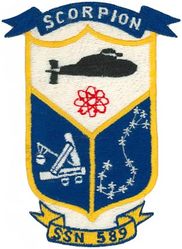 SSN-589 USS Scorpion 
Namesake. Scorpion, are predatory arachnids of the order Scorpiones
Builder. General Dynamics Electric Boat, Groton, CT
Ordered. 31 Jan 1957
Laid down. 20 Aug 1958
Launched. 29 Dec 1959
Commissioned. 29 Jul 1960
Stricken. 30 Jun 1968
Fate. Lost with all 99 crew on 22 May 1968; cause of sinking unknown.
Status. Located on the seabed of the Atlantic Ocean, 32°55′N 33°09′W,[2] in 3,000 m (9,800 ft) of water, 740 km (400 nmi) southwest of the Azores
Class and type. Skipjack-class attack submarine
Displacement:	
2,880 long tons (2,930 t) light
3,075 long tons (3,124 t) full
195 long tons (198 t) deadweight
Length. 251 ft 8 in (76.71 m)
Beam. 31 ft 7.75 in (9.6457 m)
Draft. 9.1 m (29 ft 10 in)
Propulsion. S5W reactor
Complement. 8 officers, 75 enlisted
Armament:	
6 × 21 in (533 mm) torpedo tubes
2 × Mark 45 torpedoes

