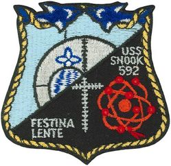 SSN-592 USS Snook 
Namesake. Snook, is a species of marine fish in the family Centropomidae of the order Perciformes
Builder. Ingalls Shipbuilding, MS
Ordered. 18 Jan 1957
Laid down. 7 Apr 1958
Launched. 31 Oct 1960
Commissioned. 24 Oct 1961
Decommissioned. 14 Nov 1986
Stricken	. 14 Nov 1986
Fate. Entered the Submarine Recycling Program on 1 Oct 1996
Class and type. Skipjack-class submarine
Displacement:	
2,830 long tons (2,880 t) surfaced
3,500 long tons (3,600 t) submerged
Length. 251 ft 8 in (76.71 m)
Beam. 31 ft 7.75 in (9.6457 m)
Draft. 28 ft (8.5 m)
Propulsion:	
1 × S5W reactor
2 × Westinghouse steam turbines, 15,000 shp (11 MW)
1 shaft
Speed. 15 knots (17 mph; 28 km/h) surfaced; More than 30 knots (35 mph; 56 km/h) submerged
Test depth. 700 ft (210 m)
Complement. 118
Sensors and processing systems:	
BPS-12 radar
BQR-21 sonar
BQR-2 passive sonar
BQS-4 (modified) active/passive sonar
Armament:
6 × 21 inch (533 mm) torpedo tubes (bow)
24 × Mark 37 torpedoes, Mark 14 torpedoes, Mark 16 torpedoes, Mark 45 ASTOR nuclear torpedoes, and/or Mark 48 torpedoes

