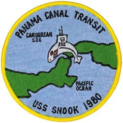 SSN-592 USS Snook PANAMA CANAL TRANSIT 1980
Namesake. Snook, is a species of marine fish in the family Centropomidae of the order Perciformes
Builder. Ingalls Shipbuilding, MS
Ordered. 18 Jan 1957
Laid down. 7 Apr 1958
Launched. 31 Oct 1960
Commissioned. 24 Oct 1961
Decommissioned. 14 Nov 1986
Stricken	. 14 Nov 1986
Fate. Entered the Submarine Recycling Program on 1 Oct 1996
Class and type. Skipjack-class submarine
Displacement:	
2,830 long tons (2,880 t) surfaced
3,500 long tons (3,600 t) submerged
Length. 251 ft 8 in (76.71 m)
Beam. 31 ft 7.75 in (9.6457 m)
Draft. 28 ft (8.5 m)
Propulsion:	
1 × S5W reactor
2 × Westinghouse steam turbines, 15,000 shp (11 MW)
1 shaft
Speed. 15 knots (17 mph; 28 km/h) surfaced; More than 30 knots (35 mph; 56 km/h) submerged
Test depth. 700 ft (210 m)
Complement. 118
Sensors and processing systems:	
BPS-12 radar
BQR-21 sonar
BQR-2 passive sonar
BQS-4 (modified) active/passive sonar
Armament:
6 × 21 inch (533 mm) torpedo tubes (bow)
24 × Mark 37 torpedoes, Mark 14 torpedoes, Mark 16 torpedoes, Mark 45 ASTOR nuclear torpedoes, and/or Mark 48 torpedoes

