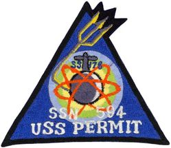 SSN-594 USS Permit
Namesake. Permit, a game fish of the western Atlantic Ocean belonging to the family Carangidae
Builder. Mare Island Naval Shipyard, Vallejo, CA
Ordered. 27 Jan 1958
Laid down. 1 May 1959
Launched. 1 July 1961
Commissioned. 29 May 1962
Decommissioned. 23 Jul 1991
Stricken. 23 Jul 1991
Fate. Entered Ship-Submarine Recycling Program, 30 Sep 1991
Class and type. Thresher/Permit-class attack submarine
Displacement:	
3,700 long tons (3,759 t) surfaced
4,300 long tons (4,369 t) submerged
Length.	278 ft 5 in (84.86 m)
Beam. 31 ft 7 in (9.63 m)
Draft. 25 ft 2 in (7.67 m)
Propulsion:	
1 S5W PWR
2 steam turbines, 15,000 shp (11 MW)
1 shaft
Speed. 20 knots (37 km/h; 23 mph)+ surfaced
Test depth. 1,300 ft (400 m)
Complement. 105 officers and men
Armament:	
4 × 21 in (533 mm) torpedo tubes
UUM-44 SUBROC (SUBmarine ROCket)

