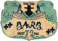 SSN-596 USS Barb WESTERN PACIFIC CRUISE 1972
Namesake. Barb, ray-finned fish species in the family Cyprinidae
Builder. Ingalls Shipbuilding Corp, Pascagoula, MS
Ordered. Mar 1959
Builder	Ingalls Shipbuilding, Pascagoula, MS
Laid down. 9 Nov 1959
Launched. 22 Feb 1962
Commissioned. 24 Aug 1963
Decommissioned. 20 Dec 1989
Stricken	. 20 Dec 1989
Motto. Caveat Tyrannis ("Tyranny Beware")
Honors and awards. Two campaign stars for Vietnam War service; Battle "E" for Excellence
Fate. Recycling via Ship-Submarine Recycling Program completed 14 Mar 1996
Class and type. Thresher/Permit-class attack submarine
Displacement. 4,400 long tons (4,471 t)
Length. 278 ft (85 m)
Beam. 31 ft 8 in (9.65 m)
Draft. 26 ft (7.9 m)
Propulsion. S5W PWR
Speed. 20 knots (37 km/h; 23 mph)
Complement. 130 officers and men
Armament. 4 × 21 in (533 mm) torpedo tubes

