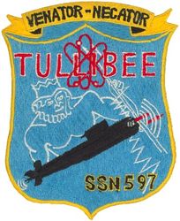SSN-597 USS Tullibee
 Namesake. Tullibee, is a North American species of freshwater whitefish in the family Salmonidae
Builder. General Dynamics Electric Boat
Awarded. 15 Nov 1957
Laid down. 26 May 1958
Launched. 27 Apr 1960
Commissioned. 	9 Nov 1960
Decommissioned. 25 Jun 1988
Stricken	. 25 Jun 1988
Motto. Venator-Necator (Latin: "Hunter-Killer")
Fate. Entered Ship-Submarine Recycling Program, 5 Jan 1995
Type. Tullibee Class Nuclear Attack Submarine 
Displacement:	
2,316 long tons (2,353 t) surfaced
2,607 long tons (2,649 t) submerged
Length. 	273 ft (83 m)
Beam. 23 ft 7 in (7.19 m)
Draft. 21 ft (6.4 m)
Propulsion. S2C reactor, turbo-electric, 2,500 hp (1,900 kW)
Speed. 13 knots (24 km/h; 15 mph) surfaced, 14.8 knots (27.4 km/h; 17.0 mph) submerged
Complement. 6 officers and 60 enlisted
Armament. 4 × 21 in (533 mm) torpedo tubes

