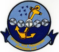 Air Transport Squadron 6 (VR-6)
Established as Air Transport Squadron 6 (VR-6) on 2 Apr 1943. Disestablished in Mar 1963.

Douglas R5D Skymaster, 1945-1949
Douglas R6D Liftmaster, 1949-1963

Insignia approved by CNO on 6 May 1954.

