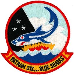 Patrol Squadron 6 (VP-6)
Established as Bombing Squadron ONE HUNDRED FORTY-SIX (VB-146) on 15 Jul 1943. Redesignated Patrol Bombing Squadron ONE HUNDRED FORTY-SIX (VPB-146) on 1 Oct 1944; Patrol Squadron ONE HUNDRED FORTY-SIX (VP-146) on 15 May 1946; Redesignated Medium Patrol Squadron (Landplane) SIX (VP-ML-6) on 15 Nov 1946; Patrol Squadron SIX (VP-6) on 1 Sep 1948, the third squadron to be assigned the VP-6 designation. Disestablished on 31 May 1993.

Lockheed P2V-2 Neptune, 1948-1950
Lockheed P2V-3/P2V-3W Neptune, 1950-1954
Lockheed P2V-5/5F Neptune, 1954-1962
Lockheed SP-2E Mod II Neptune, 1962-1965
Lockheed P-3A Orion, 1965-1974
Lockheed P-3B Orion, 1974-1977
Lockheed P-3B MOD Orion, 1977-1990
Lockheed P-3C UII.5MOD Orion, 1990-1993

Insignia (2nd) “Blue Sharks” approved by CNO on 7 Oct 1952.

