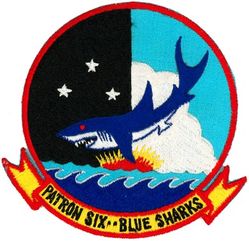 Patrol Squadron 6 (VP-6)
Established as Bombing Squadron ONE HUNDRED FORTY-SIX (VB-146) on 15 Jul 1943. Redesignated Patrol Bombing Squadron ONE HUNDRED FORTY-SIX (VPB-146) on 1 Oct 1944; Patrol Squadron ONE HUNDRED FORTY-SIX (VP-146) on 15 May 1946; Redesignated Medium Patrol Squadron (Landplane) SIX (VP-ML-6) on 15 Nov 1946; Patrol Squadron SIX (VP-6) on 1 Sep 1948, the third squadron to be assigned the VP-6 designation. Disestablished on 31 May 1993.

Lockheed P2V-2 Neptune, 1948-1950
Lockheed P2V-3/P2V-3W Neptune, 1950-1954
Lockheed P2V-5/5F Neptune, 1954-1962
Lockheed SP-2E Mod II Neptune, 1962-1965
Lockheed P-3A Orion, 1965-1974
Lockheed P-3B Orion, 1974-1977
Lockheed P-3B MOD Orion, 1977-1990
Lockheed P-3C UII.5MOD Orion, 1990-1993

Insignia (2nd) “Blue Sharks” approved by CNO on 7 Oct 1952.

