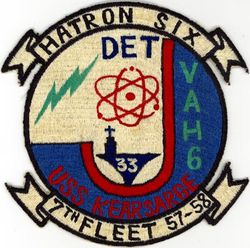 Heavy Attack Squadron 6 (VAH-6) Detachment J Western Pacific Cruise 1957-1958
Established as Composite Squadron SIX (VC-6) on 6 Jan 1950. Redesignated Heavy Attack Squadron SIX (VAH-6) on 1 Jul 1956; Reconnaissance Attack Squadron SIX (RVAH-6) on 23 Sep 1965. Disestablished on 20 Oct 1978.

9 Aug 1957- 2 Apr 1958, USS Kearsarge (CVA-33), ATG-3, North American AJ-2 Savage

