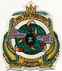 SSBN-602 USS Abraham Lincoln 
Namesake. Abraham Lincoln, (1809-1865), 16th president of the United States, (1861-1865)
Ordered. 30 Jul 1958
Builder. Portsmouth Naval Shipyard
Laid down. 1 Nov 1958
Launched. 14 May 1960
Commissioned. 11 Mar 1961
Decommissioned. 28 Feb 1981
Stricken. 1 Dec 1982
Fate. Recycled via Submarine recycling 10 May 1994
Class and type. George Washington-class submarine
Displacement:	
5,400 tons light
5,959–6,019 tons surfaced
6,709–6,888 approx. tons submerged
Length. 	381.6 ft (116.3 m)
Beam. 33 ft (10 m)
Draft. 29 ft (8.8 m)
Propulsion:	
1 S5W PWR
2 geared turbines at 15,000 shp (11,000 kW)
1 Screw
Speed: 20 knots (37 km/h) surfaced; +25 knots (46 km/h) submerged
Range. unlimited except by food supplies
Test depth. 700 ft (210 m)
Complement. Two crews (Blue/Gold) each consisting of 12 officers and 100 enlisted
Armament:	
16 Polaris A1/A3 missiles
6 × 21 in (533 mm) torpedo tubes

