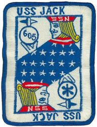 SSN-605 USS Jack 
Namesake. The jack, a name of various types of fish
Ordered. 13 Mar 1959
Builder. Portsmouth Naval Shipyard
Laid down. 16 Sep 1960
Launched. 24 Apr 1963
Commissioned. 31 Mar 1967
Decommissioned. 11 Jul 1990
Stricken. 11 July 1990
Motto. We try harder!
Fate. Ship-Submarine Recycling Program completed 30 Jun 1992
Class and type. Permit-class submarine
Displacement. 3,968 tons surfaced
Length. 297 ft 4 in (90.63 m)
Beam. 31 ft 7 in (9.63 m)
Draft. 25 ft 4 in (7.72 m)
Propulsion. S5W reactor
Speed. More than 20 knots (37 km/h; 23 mph)
Complement. 95 officers and men
Armament. 4 × 21 in (533 mm) torpedo tubes

