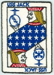 SSN-605 USS Jack 
Namesake. The jack, a name of various types of fish
Ordered. 13 Mar 1959
Builder. Portsmouth Naval Shipyard
Laid down. 16 Sep 1960
Launched. 24 Apr 1963
Commissioned. 31 Mar 1967
Decommissioned. 11 Jul 1990
Stricken. 11 July 1990
Motto. We try harder!
Fate. Ship-Submarine Recycling Program completed 30 Jun 1992
Class and type. Permit-class submarine
Displacement. 3,968 tons surfaced
Length. 297 ft 4 in (90.63 m)
Beam. 31 ft 7 in (9.63 m)
Draft. 25 ft 4 in (7.72 m)
Propulsion. S5W reactor
Speed. More than 20 knots (37 km/h; 23 mph)
Complement. 95 officers and men
Armament. 4 × 21 in (533 mm) torpedo tubes

