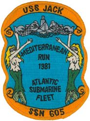SSN-605 USS Jack MEDITERRANEAN CRUISE 1981
Namesake. The jack, a name of various types of fish
Ordered. 13 Mar 1959
Builder. Portsmouth Naval Shipyard
Laid down. 16 Sep 1960
Launched. 24 Apr 1963
Commissioned. 31 Mar 1967
Decommissioned. 11 Jul 1990
Stricken. 11 July 1990
Motto. We try harder!
Fate. Ship-Submarine Recycling Program completed 30 Jun 1992
Class and type. Permit-class submarine
Displacement. 3,968 tons surfaced
Length. 297 ft 4 in (90.63 m)
Beam. 31 ft 7 in (9.63 m)
Draft. 25 ft 4 in (7.72 m)
Propulsion. S5W reactor
Speed. More than 20 knots (37 km/h; 23 mph)
Complement. 95 officers and men
Armament. 4 × 21 in (533 mm) torpedo tubes

