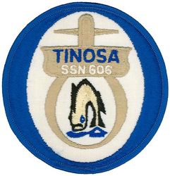 SSN-606 USS Tinosa 
Namesake. The tinosa, is a species of large ocean fish in the jack family Carangidae
Awarded. 17 Dec 1958
Builder. Portsmouth Naval Shipyard, Kittery, Maine
Laid down. 24 Nov 1959
Launched. 9 Dec 1961
Commissioned. 17 Oct 1964
Decommissioned. 15 Jan 1992
Stricken	. 15 Jan 1992
Fate. Entered Ship-Submarine Recycling Program, 15 Jul 1991; recycling completed 26 Jun 1992
Class and type. Thresher/Permit-class submarine
Displacement:	
3,700 long tons (3,759 t) surfaced
4,300 long tons (4,369 t) submerged
Length. 	278 ft (85 m)
Beam. 31 ft 7 in (9.63 m)
Draft. 28 ft 5 in (8.66 m)
Propulsion. S5W PWR
Speed: 15 knots (28 km/h; 17 mph)+ surfaced; 28 knots (52 km/h; 32 mph)+ submerged
Test depth. 1,300 feet (400 m)
Complement. 96 officers and men
Armament:	
4 × 21 in (533 mm) torpedo tubes
SUBROC

