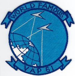 Heavy Photographic Squadron 61 (VAP-61) 
Established as Patrol Squadron SIXTY ONE (VP-61) on 20 Jan 1951. Redesignated: Photographic Squadron SIXTY ONE (VJ-61) on 5 Mar 1952; Heavy Photographic Squadron SIXTY ONE (VAP-61) "World Recorders" in Apr 1956. Composite Photographic Reconnaissance Squadron SIXTY ONE (VCP-61) on 1 Jul 1959. Heavy Photographic Squadron SIXTY ONE (VAP-61) on 1 Jul 1961. Disestablished on 1 Jul 1971.

North American AJ-2P Savage, 1952
Vought F8U-1P Crusader, 1959-1961
Douglas A3D-2P/RA-3B/KA-3B Skywarrior, 1959-1971

Insignia (2nd insignia) approved on 11 Jan 1961


