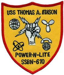 SSBN-610 Thomas A Edison USS Engineering
Namesake. Thomas Edison, American inventor and businessman (1847–1931)
Ordered. 1 Jul 1959
Builder. Electric Boat Division of the General Dynamics Corporation
Laid down. 15 Mar 1960
Launched. 15 Jun 1961
Commissioned. 10 Mar 1962
Decommissioned. 1 Dec 1983
Stricken. 30 Apr 1986
Motto. Potentia Tenebras Repellendi (Power to Repel the Darkness)
Fate. Recycling via Ship and Submarine Recycling Program completed 1 Dec 1997
Class and type. Ethan Allen-class submarine
Type. Ballistic Missile Submarine
Displacement. 6,900 tons surfaced 7,900 tons submerged
Length. 410 feet 4 inches (125.07 m)
Beam. 33.1 feet (10.1 m)
Draft. 27 feet 5 inches (8.36 m)
Propulsion. S5W reactor – two geared steam turbines – one shaft
Speed. 16 knots (30 km/h; 18 mph) surfaced, 21 knots (39 km/h; 24 mph) submerged
Test depth. 1,300 feet (400 m)
Complement. 12 Officers and 128 Enlisted (two crews Blue and Gold)
Armament. 16 fleet ballistic missiles, 4 × 21 inch (533 mm) torpedo tubes

