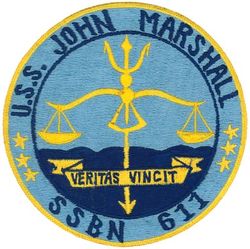 SSBN-611 USS John Marshall 
Namesake. Named for John Marshall (1755–1835), the Chief Justice of the United States.
Ordered. 1 Jul 1959
Builder. Newport News Shipbuilding and Dry Dock Company
Laid down. 4 Apr 1960
Launched. 15 Jul 1961
Commissioned. 21 May 1962
Decommissioned. 22 Jul 1992
Reclassified. Attack submarine, SSN-611, 12 Jan 1981
Stricken. 22 July 1992
Fate. Disposed of via Ship and Submarine Recycling Program 29 Mar 1993
Class and type. Ethan Allen class fleet ballistic missile submarine 1962–1980; Attack submarine 1981–1992
Displacement. 6,900 tons surfaced 7,900 tons submerged
Length. 	410 feet 4 inches (125.07 m)
Beam. 33.1 feet (10.1 m)
Draft. 27 feet 5 inches (8.36 m)
Propulsion. S5W reactor – two geared steam turbines – one shaft
Speed. 16 knots surfaced, 21 knots (24 mph; 39 km/h) submerged
Test depth. 1,300 feet (400 m)
Complement. 12 Officers and 128 Enlisted (two crews Blue and Gold)
Armament:	
16 fleet ballistic missiles (as ballistic missile submarine; deactivated 1981)
4 × 21 inches (530 mm) torpedo tubes

