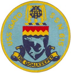 SSN-615 USS Gato
Namesake. The gato, a species of small catshark
Ordered. 9 Jul 1960
Builder. General Dynamics Electric Boat
Laid down. 15 Dec 1961
Launched. 14 May 1964
Commissioned. 	25 Jan 1968
Decommissioned. 25 Apr 1996
Fate. Disposed of via Ship-Submarine Recycling Program
Class and type. Thresher/Permit-class nuclear submarine
Displacement:	
3964 tons light
4242 tons full
 278 tons dead
Length. 292 ft (89 m)
Beam. 32 ft (9.8 m)
Draft. 28 ft (8.5 m)
Propulsion. S5W reactor with S3G-3 Core, two steam turbines with reduction-geared single shaft
Complement. 12 officers, 115 men
Armament:	
4 × 21 in (533 mm) torpedo tubes amidships,
MK-37 and MK-48 torpedoes,
MK-67 SLMM, UGM-84 Harpoon cruise missiles,
SUBROC short-range ballistic missile

