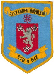 SSBN-617 USS Alexander Hamilton 
Namesake. Alexander Hamilton (1757–1804), a Founding Father of the United States
Ordered. 22 Jul 1960
Builder. General Dynamics Electric Boat
Laid down. 26 Jun 1961
Launched. 18 Aug 1962
Commissioned. 27 June 1963
Decommissioned. 23 Feb 1993
Stricken	. 23 Feb 1993
Fate. Scrapping via Ship-Submarine Recycling Program completed 28 Feb 1994
Class and type. Lafayette-class ballistic missile submarine (hull design SCB-216)
Displacement:	
7,250 long tons (7,370 t) surfaced
8,250 long tons (8,380 t) submerged
Length. 425 ft (130 m)
Beam. 33 ft (10 m)
Draft. 31 ft 6 in (9.60 m)
Propulsion:	
1 × S5W reactor
2 × General Electric geared turbines=15,000 shp (11,000 kW)
Speed:
20 knots (37 km/h) surfaced
25 knots (46 km/h) submerged
Complement. Two crews (Blue Crew and Gold), 13 officers and 130 enlisted men each
Sensors and processing systems. BQS-4 sonar
Armament:	
4 × 21 in (530 mm) Mark 65 torpedo tubes with Mark 113 firecontrol system, for Mark 48 torpedoes
16 × vertical tubes for Polaris or Poseidon ballistic missiles

