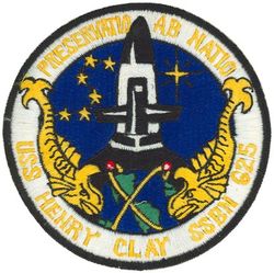 SSBN-625 USS Daniel Webster
Namesake. Henry Clay (1777–1852), an American statesman and orator
Ordered. 3 Feb 1961
Builder. Newport News Shipbuilding and Dry Dock Company
Laid down. 23 Oct 1961
Launched. 30 Nov 1962
Commissioned. 	20 Feb 1964
Decommissioned. 5 Nov 1990
Stricken	. 5 Nov 1990
Motto. Preservation of the Nation
Fate. Scrapping via Ship-Submarine Recycling Program completed 30 September 1997
Class and type. Lafayette-class submarine
Type. Ballistic missile submarine (hull design SCB-216)
Displacement:	
7,250 long tons (7,370 t) surfaced
8,250 long tons (8,380 t) submerged
Length. 	425 ft (130 m)
Beam. 33 ft (10 m)
Draft. 31 ft 6 in (9.60 m)
Propulsion: 1 × S5W reactor; 2 × Westinghouse geared turbines=15,000 shp (11,000 kW)
Speed: 20 knots (37 km/h) surfaced; 25 knots (46 km/h) submerged
Complement. Two crews (Blue and Gold), 13 officers and 130 enlisted men each
Sensors and processing systems	BQS-4 sonar
Armament:	
4 × 21 in (530 mm) Mark 65 torpedo tubes with Mark 113 firecontrol system, for Mark 48 torpedoes
16 × vertical tubes for Polaris or Poseidon ballistic missiles

