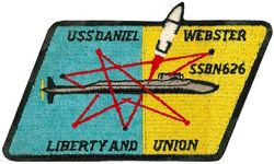 SSBN-626 USS Daniel Webster
Namesake. Daniel Webster (1782–1852), an American statesman
Ordered. 3 Feb 1961
Builder. General Dynamics Electric Boat, Groton, Connecticut
Laid down. 28 Dec 1961
Launched. 27 Apr 1963
Commissioned. 	9 Apr 1964
Decommissioned. 30 Aug 1990
Motto. Liberty and Union
Fate. Became moored training ship MTS-626
Class and type. Lafayette-class ballistic missile submarine (hull design SCB-216)
Displacement:	
7,250 long tons (7,370 t) surfaced
8,250 long tons (8,380 t) submerged
Length. 425 ft (130 m)
Beam. 33 ft (10 m)
Draft. 31 ft 6 in (9.60 m)
Propulsion:	
1 × S5W reactor
2 × Westinghouse geared turbines 15,000 shp (11,000 kW)
Speed: 20 knots (37 km/h) surfaced; 25 knots (46 km/h) submerged
Complement. Two crews (Blue and Gold), 13 officers and 130 enlisted men each
Sensors and processing systems	BQS-4 sonar
Armament:	
4 × 21 in (530 mm) Mark 65 torpedo tubes with Mark 113 firecontrol system, for Mark 48 torpedoes
16 × vertical tubes for Polaris or Poseidon ballistic missiles

