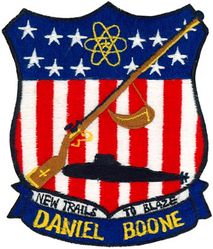 SSBN-629 USS Daniel Boone 
Namesake. Daniel Boone (1734–1820), the American explorer and frontiersman.
Ordered. 21 Jul 1961
Builder. Mare Island Naval Shipyard, Vallejo, CA
Laid down. 6 Feb 1962
Launched. 22 Jun 1963
Commissioned. 23 Apr 1964
Decommissioned. 18 Feb 1994
Stricken	. 18 Feb 1994
Motto. New Trails to Blaze
Fate. Scrapping via Ship-Submarine Recycling Program completed 4 November 1994
Class and type. Lafayette-class submarine (hull design SCB-216 Mod 3)
Displacement:	
7,320 long tons (7,440 t) (submerged)
8,240 long tons (8,370 t) (submerged)
Length. 425 feet (130 m)
Beam. 33 feet (10 m)
Draught. 32 ft (9.8 m)
Installed power. S5W reactor
Propulsion:	
2 × geared steam turbines 15,000 shp (11,000 kW)
1 × shaft driving one 7-bladed screw
Speed. Over 20 knots (37 km/h; 23 mph)
Test depth. Over 400 ft (120 m)
Complement. Two crews (Blue and Gold), 13 officers and 130 enlisted each
Armament:	
4 × 21 inches (530 mm) Mark 65[1] torpedo tubes bow; Mark 48 torpedoes
16 × vertical launch missile tubes amidships, various small arms

