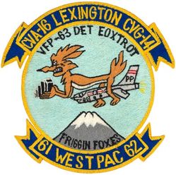 Light Photographic Squadron 63 Detachment Foxtrot (VFP-63 Det F) CVG-14 Western Pacific Cruise 1961-1962
Established as Composite Squadron Sixty-One (VC-61) on 20 Jan 1949. Redesignated Fighter Photographic Squadron Sixty One (VFP-61) in Jul 1956; Composite Photographic Squadron Sixty-Three (VCP-63) “Eyes of the Fleet” on 1 Jul 1959; Light Photographic Squadron Sixty Three (VFP-63) on 1 Jul 1961. Disestablished on 30 Jun 1982.

Deployment: 9 Nov 1961-12 May 1962, USS Lexington (CVA-16), CVG-14, Vought F8U-1P Crusader


