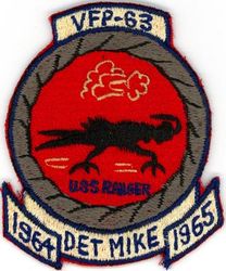 Light Photographic Squadron 63 (VFP-63 Det M) Detachment Mike CVW-9 Western Pacific/Vietnam 1964-1965
Established as Composite Squadron Sixty-One (VC-61) on 20 Jan 1949. Redesignated Fighter Photographic Squadron Sixty One (VFP-61) in Jul 1956; Composite Photographic Squadron Sixty-Three (VCP-63) on 1 Jul 1959; Light Photographic Squadron Sixty Three (VFP-63) on 1 Jul 1961. Disestablished on 30 Jun 1982.

Deployment: 5 Aug 1964-6 May 1965, USS Ranger (CVA-61), CVW-9, Vought F8U-1P/RF-8 Crusader

