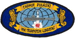 SSBN-633 USS Casimir Pulaski  
Namesake. Casimir Pulaski (1745–1779), a Polish general who served in the American Revolutionary War
Ordered. 20 Jul 1961
Builder. Electric Boat, Groton, CT
Laid down. 12 Jan 1963
Launched. 1 Feb 1964
Commissioned. 14 Aug 1964
Decommissioned. 7 Mar 1994
Stricken	. 7 Mar 1994
Motto. Per Tridentem Libertas (Freedom through Seapower)
Fate. Scrapping via Ship-Submarine Recycling Program completed 21 October 1994
Class and type. James Madison class[4][5] submarine
Displacement:	
7417 tons surfaced
8382 tons submerged
Length. 	425 ft (130 m)
Beam. 33 ft (10 m)
Draft. 32 ft (9.8 m)
Installed power. S5W reactor
Propulsion: 2 × geared steam turbines; 1 × shaft 15,000 shp (11,185 kW)
Speed. 21 knots (39 km/h; 24 mph) submerged, 16 knots (30 km/h; 18 mph) surfaced [3]
Test depth. 1,300 feet (400 m)
Complement. Two crews (Blue and Gold) of 13 officers and 130 enlisted men each
Armament:	
16 × ballistic missile tubes
4 × 21 in (533 mm) torpedo tubes

