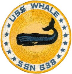 SSN-638 USS Whale
Namesake. The whale, a fully aquatic placental marine mammal
Builder. General Dynamics Quincy Shipbuilding Division, Quincy, Massachusetts
Laid down. 27 May 1964
Launched. 14 Oct 1966
Commissioned. 	12 Oct 1968
Decommissioned. 25 Jun 1996
Stricken	25 Jun 1996
Honors and awards. Battle Efficiency Award (Battle "E") (1991)
Fate. Scrapping via Ship and Submarine Recycling Program, 29 Sep 1997
Class and type. Sturgeon-class attack submarine
Displacement:
3,860 long tons (3,922 t) surfaced
4,640 long tons (4,714 t) submerged
Length. 292 ft 3 in (89.08 m)
Beam. 31 ft 8 in (9.65 m)
Draft. 28 ft 8 in (8.74 m)
Installed power. 15,000 shp (11,185.5 kW)
Propulsion:	
1 × S5W nuclear reactor
2 × steam turbines
1 × shaft
Speed: 15 kn (28 km/h; 17 mph) surfaced; 25 knots (46 km/h; 29 mph) submerged
Test depth. 1,300 ft (396 m)
Complement. 107
Armament:	
4 × 21-inch (533 mm) torpedo tubes
Mark 48 torpedoes
UUM-44A SUBROC missiles
UGM-84A/C Harpoon missiles
Tomahawk cruise missiles

