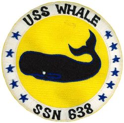 SSN-638 USS Whale
Namesake. The whale, a fully aquatic placental marine mammal
Builder. General Dynamics Quincy Shipbuilding Division, Quincy, Massachusetts
Laid down. 27 May 1964
Launched. 14 Oct 1966
Commissioned. 	12 Oct 1968
Decommissioned. 25 Jun 1996
Stricken	25 Jun 1996
Honors and awards. Battle Efficiency Award (Battle "E") (1991)
Fate. Scrapping via Ship and Submarine Recycling Program, 29 Sep 1997
Class and type. Sturgeon-class attack submarine
Displacement:
3,860 long tons (3,922 t) surfaced
4,640 long tons (4,714 t) submerged
Length. 292 ft 3 in (89.08 m)
Beam. 31 ft 8 in (9.65 m)
Draft. 28 ft 8 in (8.74 m)
Installed power. 15,000 shp (11,185.5 kW)
Propulsion:	
1 × S5W nuclear reactor
2 × steam turbines
1 × shaft
Speed: 15 kn (28 km/h; 17 mph) surfaced; 25 knots (46 km/h; 29 mph) submerged
Test depth. 1,300 ft (396 m)
Complement. 107
Armament:	
4 × 21-inch (533 mm) torpedo tubes
Mark 48 torpedoes
UUM-44A SUBROC missiles
UGM-84A/C Harpoon missiles
Tomahawk cruise missiles

