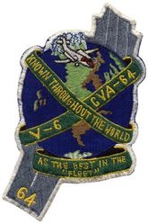 CVA-64 USS Constellation V-6 General Service and Specialists
Namesake. A constellation, an area on the celestial sphere in which a group of visible stars forms a perceived pattern or outline, typically representing an animal, mythological subject, or inanimate object
Awarded. 1 Jul 1956
Builder: Brooklyn Navy Yard, NY
Laid down: 14 Sep 1957
Launched: 8 Oct 1960
Acquired: 1 Oct 1961
Commissioned: 27 Oct 1961
Decommissioned: 6 Aug 2003
Struck: 2 Dec 2003
Fate: Scrapped in 2017
Class and type: Kitty Hawk-class aircraft carrier
Displacement:	
61,981 short tons (56,228 t) light
82,538 short tons (74,877 t) full load
20,557 short tons (18,649 t) dead
Length:	
1,088 ft (332 m) overall
990 ft (300 m) waterline
Beam:	
282 ft (86 m) extreme
130 ft (40 m) waterline
Draft. 39 ft (12 m)
Propulsion. eight boilers, four steam turbine engines, totaling 280,000 shp (210 MW)
Speed. 34 knots (63 km/h; 39 mph)
Complement. 3,150 – Air Wing: 2,480
Armament:	
2 × Sea Sparrow missile launchers
3 × 20 mm Phalanx CIWS guns,
Formerly: Terrier surface-to-air missile systems.
Aircraft carried. 72 (approx)

